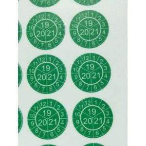 Naklejki przeglądów TYP-3, Ø 20mm, trójdzielna na lata "21/22/23", zielone, 35szt.