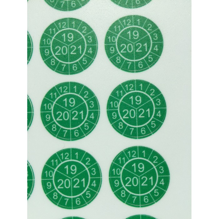 Naklejki przeglądów TYP-3, Ø 20mm, trójdzielna na lata "21/22/23", zielone, 35szt.