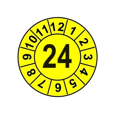 Naklejki przeglądów TYP-1, Ø 35mm, rok "24", kolor żółty, arkusz 12 szt.