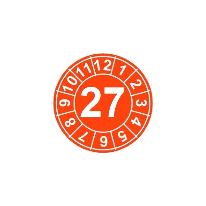Naklejki przeglądów TYP-1, Ø15mm, rok "27", kolor do wyboru, arkusz 63szt.