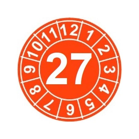 Naklejki przeglądów TYP-1, Ø15mm, rok "27", kolor do wyboru, arkusz 63szt.