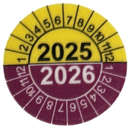 Naklejki przeglądów TYP-4, Ø 20mm, dwudzielne na lata "2025/2026", arkusz 35szt.