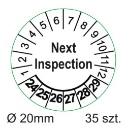 Etykiety inspekcyjne, naklejki przeglądowe, TYP-5, NEXT INSPECTION, okrągłe Ø 20mm, na lata 24-29 - 35szt.