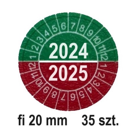 Naklejki przeglądów TYP-4, Ø 20mm, dwudzielne na lata "2025/2026", arkusz 35szt.