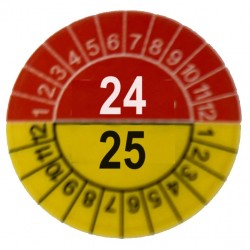 Naklejki przeglądów TYP-3, Ø 25mm, dwudzielne na lata "24/25" pomarańczowo-żółte, arkusz 20szt.