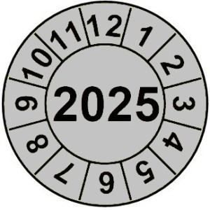 Naklejki przeglądów TYP-2, Ø 15mm, rok "2025", wybór koloru, arkusz 63szt.
