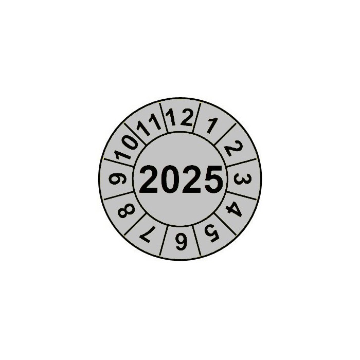 Naklejki przeglądów TYP-2, Ø 15mm, rok "2025", wybór koloru, arkusz 63szt.