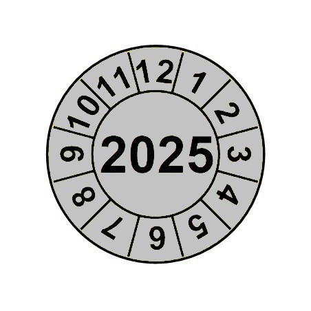 Naklejki przeglądów TYP-2, Ø 15mm, rok "2025", wybór koloru, arkusz 63szt.