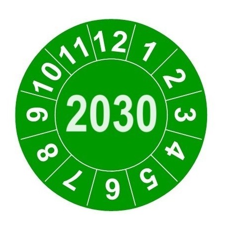 Naklejki przeglądów TYP-2, Ø 10mm, rok "2030", arkusz 143szt