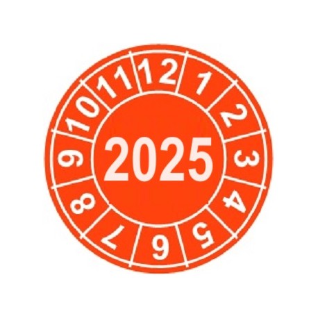 Naklejki przeglądów TYP-2, Ø 15mm, rok "2025", wybór koloru, arkusz 63szt.