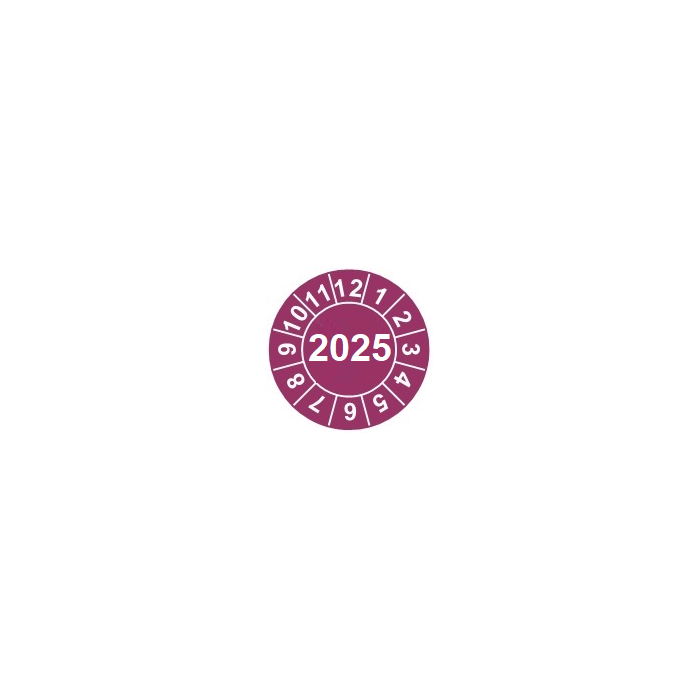 Naklejki przeglądów TYP-2, Ø 15mm, rok "2025", wybór koloru, arkusz 63szt.