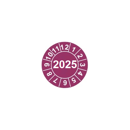 Naklejki przeglądów TYP-2, Ø 15mm, rok "2025", wybór koloru, arkusz 63szt.