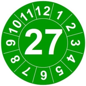 Naklejki przeglądów TYP-1, Ø 20mm, rok "27", wybór kolorów, arkusz 35 szt.