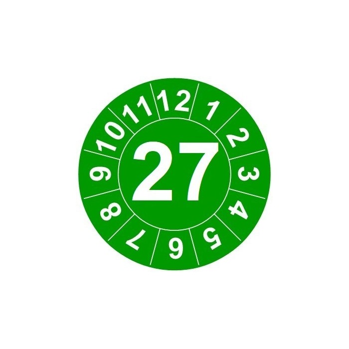 Naklejki przeglądów TYP-1, Ø 20mm, rok "27", wybór kolorów, arkusz 35 szt.