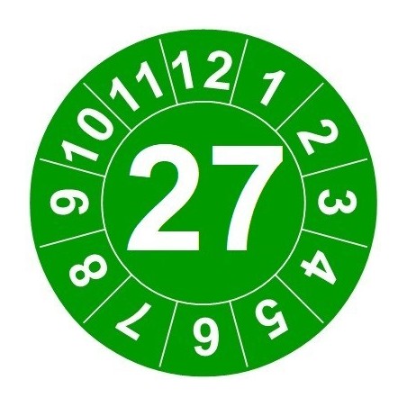 Naklejki przeglądów TYP-1, Ø 20mm, rok "27", wybór kolorów, arkusz 35 szt.
