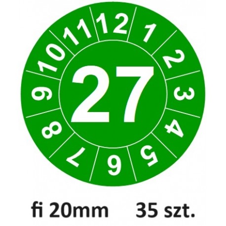 Naklejki przeglądów TYP-1, Ø 20mm, rok "27", wybór kolorów, arkusz 35 szt.