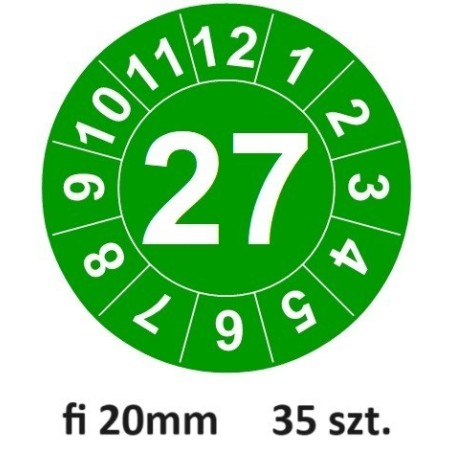 Naklejki przeglądów TYP-1, Ø 20mm, rok "27", wybór kolorów, arkusz 35 szt.