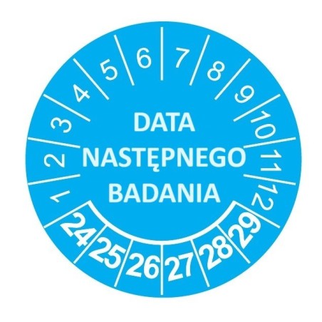 Etykiety inspekcyjne: DATA NASTĘPNEGO BADANIA, TYP-5, okrągłe Ø 20mm, na lata 24-29 - 35szt.
