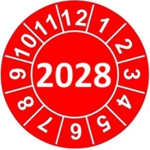 Naklejki przeglądów TYP-2, Ø 15mm, rok "2028", wybór koloru, arkusz 63szt.