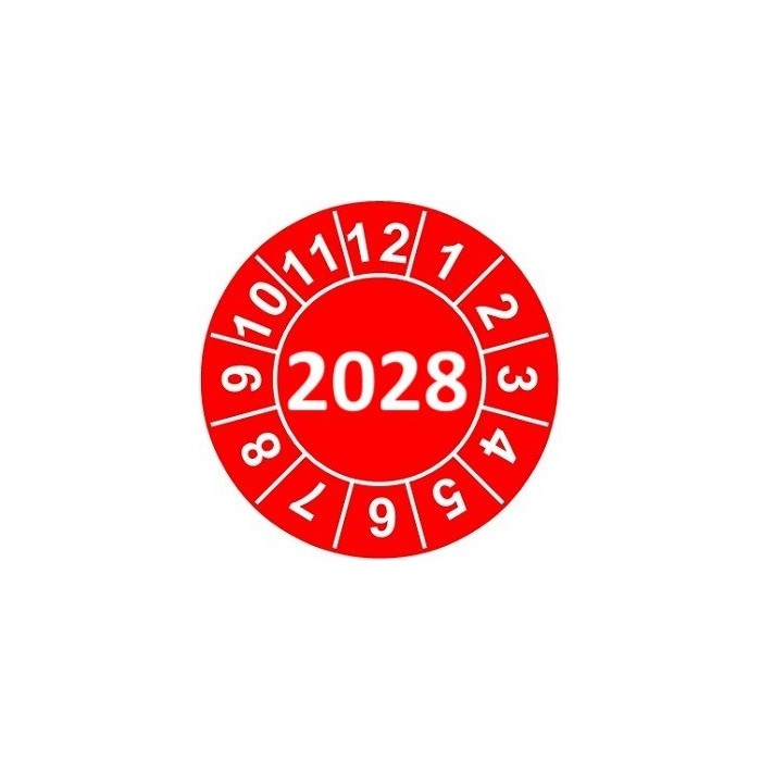 Naklejki przeglądów TYP-2, Ø 15mm, rok "2028", wybór koloru, arkusz 63szt.