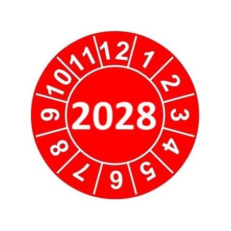 Naklejki przeglądów TYP-2, Ø 10mm, rok "2028", arkusz 143szt