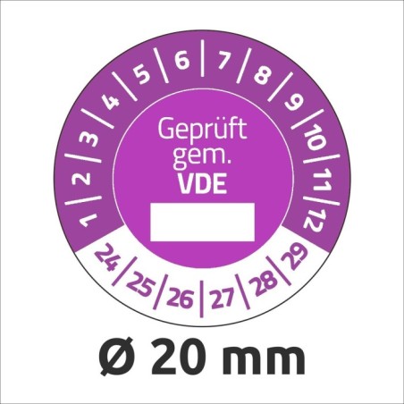 Naklejki testowe DGUV,  TYP-5, Geprüft nach DGUV Vorschrift 3, Nächster Prüftermin, okrągłe Ø 20mm, na lata 24/29 - 35 szt.
