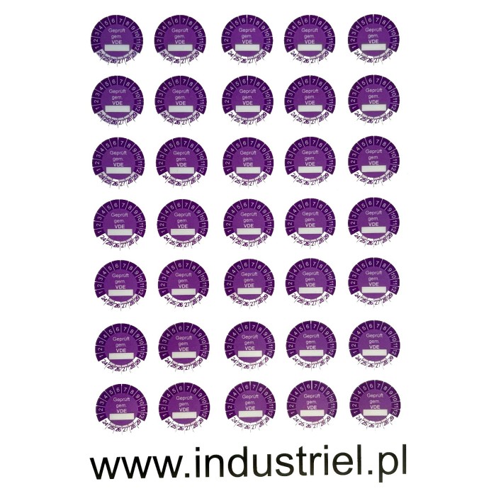 Naklejki testowe DGUV,  TYP-5, Geprüft nach DGUV Vorschrift 3, Nächster Prüftermin, okrągłe Ø 20mm, na lata 24/29 - 35 szt.