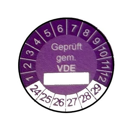 Naklejki testowe DGUV,  TYP-5, Geprüft nach DGUV Vorschrift 3, Nächster Prüftermin, okrągłe Ø 20mm, na lata 24/29 - 35 szt.