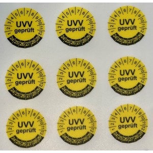 Niemieckie naklejki testowe TYP-5, UVV geprüft, okrągłe Ø 20mm, na lata 24/29 - 35 szt.