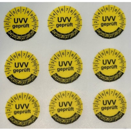 Niemieckie naklejki testowe TYP-5, UVV geprüft, okrągłe Ø 20mm, na lata 24/29 - 35 szt.