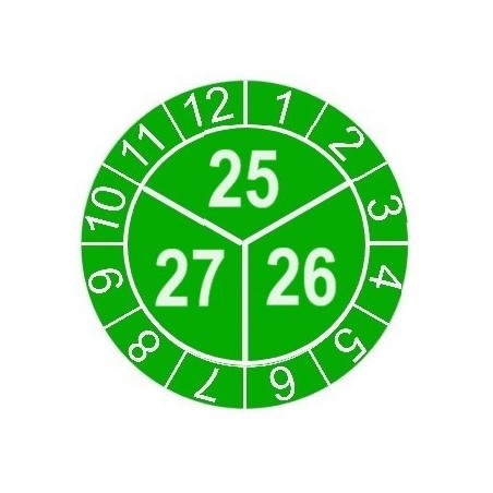 Naklejki przeglądów TYP-3, Ø 10mm, trójdzielna na lata "25/26/27", zielone, 143szt.