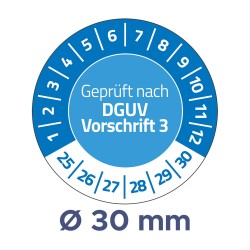 Naklejki testowe DGUV, TYP-5, Geprüft nach DGUV Vorschrift 3, okrągłe Ø 30mm, na lata 24/29 - 20 szt.