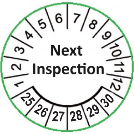 Etykiety inspekcyjne, naklejki przeglądowe, TYP-5, Next Inspection, okrągłe Ø 15mm, na lata 24-29 - 63szt.