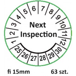 Etykiety inspekcyjne, naklejki przeglądowe, TYP-5, Next Inspection, okrągłe Ø 15mm, na lata 24-29 - 63szt.