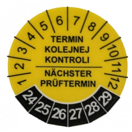 Etykiety inspekcyjne: TERMIN KOLEJNEJ KONTROLI / NACHSTER PRUFTERMIN, TYP-5, okrągłe Ø 40mm, na lata 24-29 - 12szt.