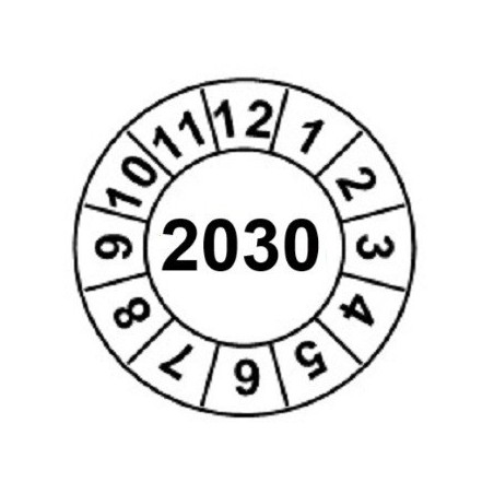 Naklejki przeglądów TYP-2, Ø 20mm,  rok "2030", arkusz 35szt.