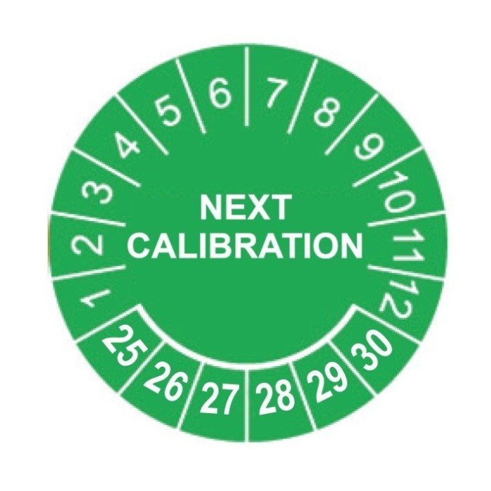 Naklejki kalibracyjne, TYP-5, "NEXT CALIBRATION", okrągłe Ø 20mm, na lata 25-30 - 35szt.