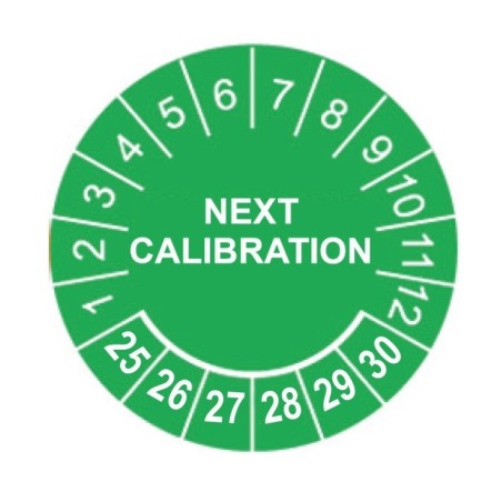 Naklejki kalibracyjne, TYP-5, "NEXT CALIBRATION", okrągłe Ø 20mm, na lata 25-30 - 35szt.