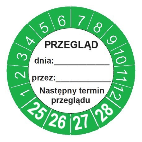 Naklejki przeglądowe, TYP-6, "PRZEGLĄD", okrągłe Ø 30mm, na lata 24-27 - 20szt.