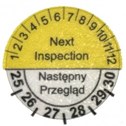 Etykiety inspekcyjne: Next Inspection Następny przegląd, TYP-5, okrągłe Ø 20mm, na lata 25-30 - 35szt.