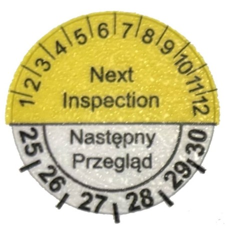Etykiety inspekcyjne: Next Inspection Następny przegląd, TYP-5, okrągłe Ø 20mm, na lata 25-30 - 35szt.