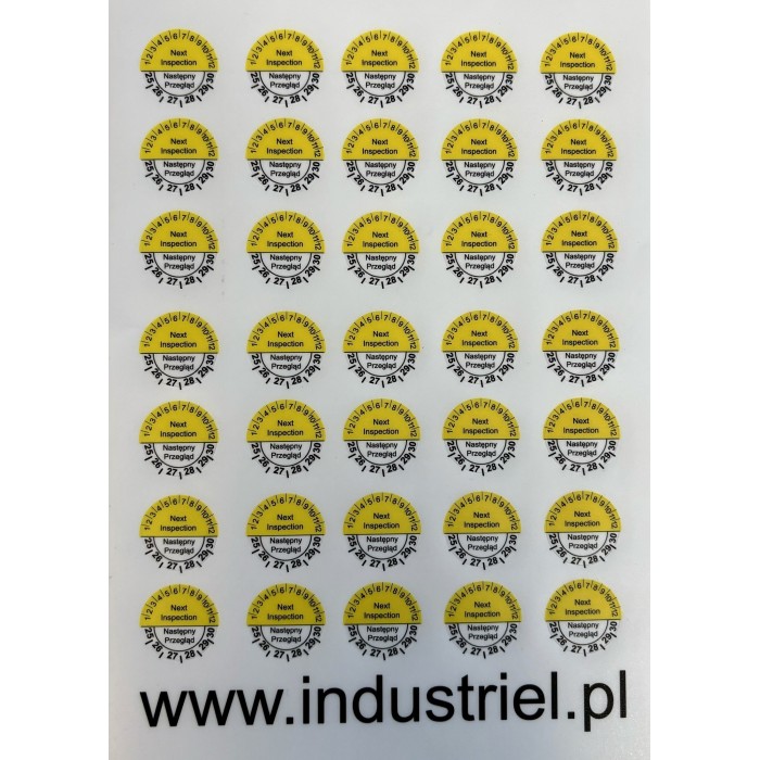 Etykiety inspekcyjne: Next Inspection Następny przegląd, TYP-5, okrągłe Ø 20mm, na lata 25-30 - 35szt.
