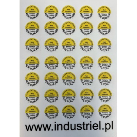 Etykiety inspekcyjne: Next Inspection Następny przegląd, TYP-5, okrągłe Ø 20mm, na lata 25-30 - 35szt.