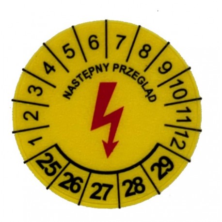 Etykiety przeglądów elektrycznych, TYP-5, "Następne sprawdzenie", okrągłe Ø 25mm, na lata 25-29 - 20szt.