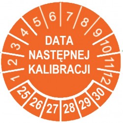 Etykiety inspekcyjne, TYP-5, "DATA NASTĘPNEJ KALIBRACJI", okrągłe Ø 15mm, na lata 25-30 - 63szt.