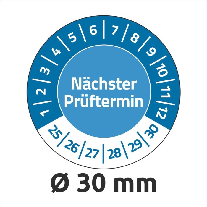 Tabliczki inspekcyjne plombowe NoPeel na lata 25-30, Nächster Prüftermin, Ø30, niebieskie, 80 sztuk, Avery Zweckform