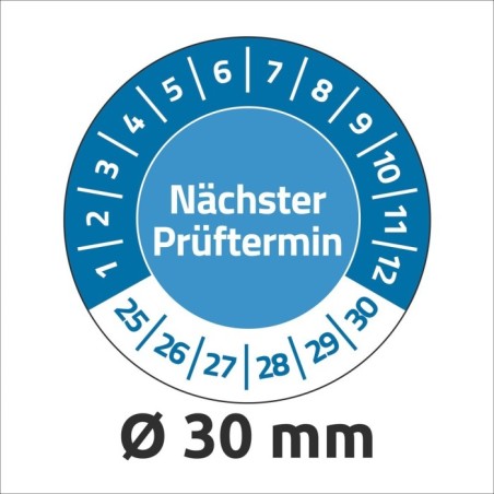 Tabliczki inspekcyjne plombowe NoPeel na lata 25-30, Nächster Prüftermin, Ø30, niebieskie, 80 sztuk, Avery Zweckform