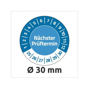 Tabliczki inspekcyjne winylowe na lata 25-30, Nächster Prüftermin, Ø30, niebieskie, 80 szt.