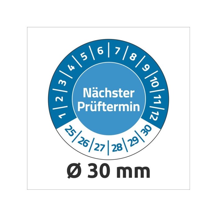 Tabliczki inspekcyjne winylowe na lata 25-30, Nächster Prüftermin, Ø30, niebieskie, 80 szt.