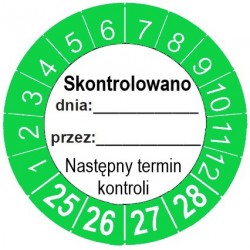 Naklejki kontroli, TYP-6, "Skontrolowano", okrągłe Ø 40mm, na lata 25-28 - 12szt.